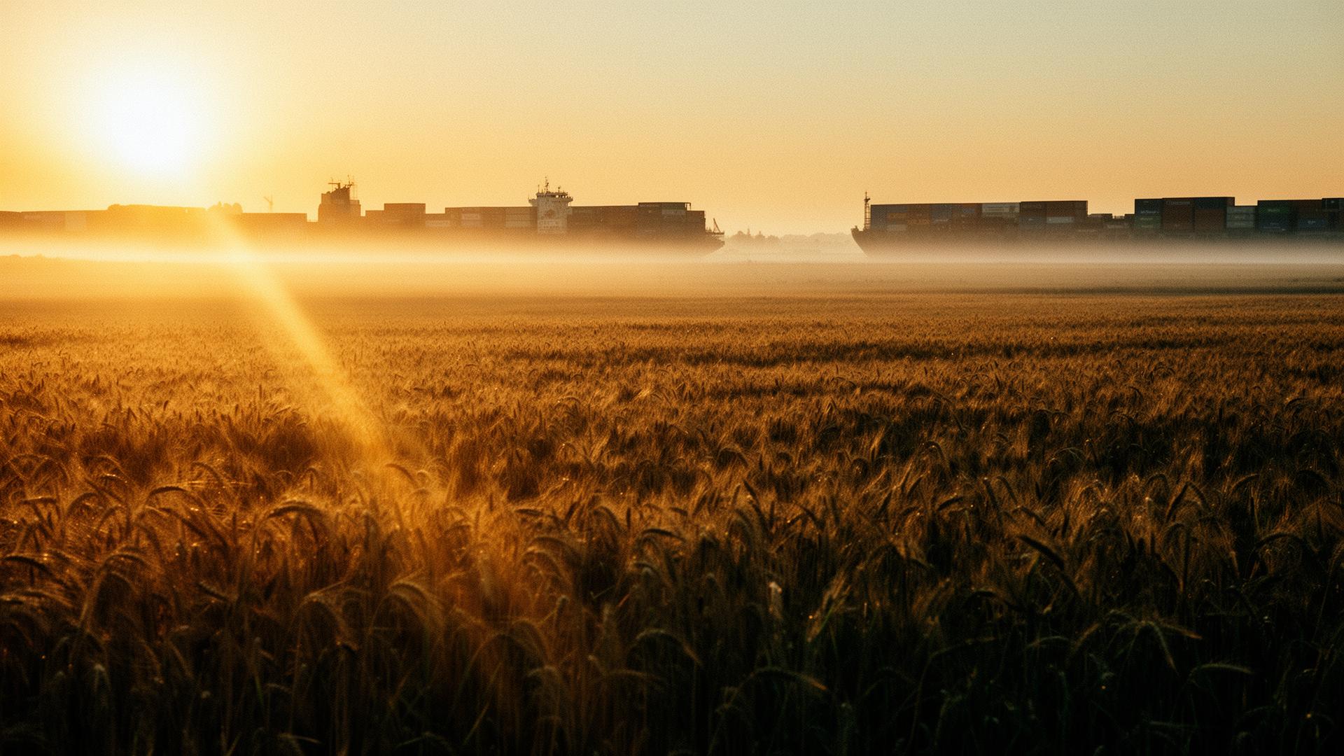 Wheat fields at sunrise with a container ship on the horizon