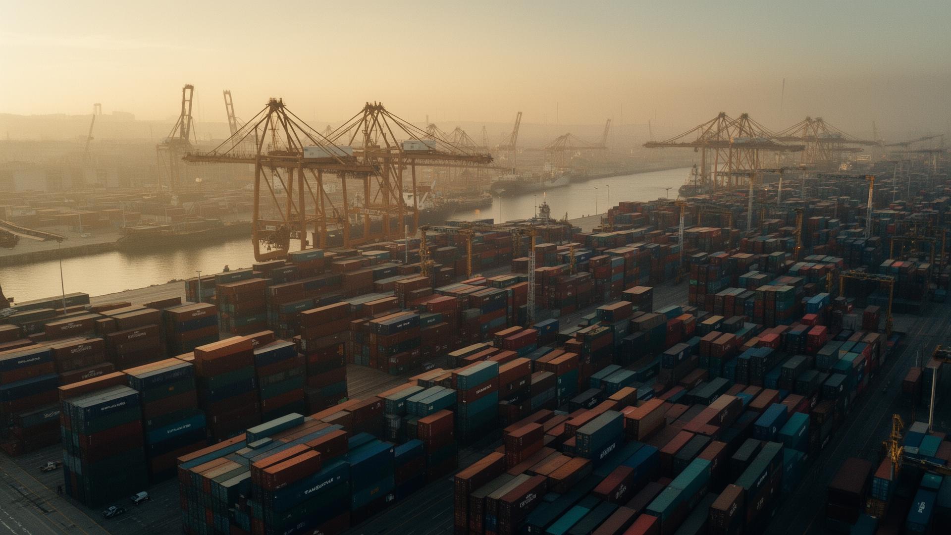 Aerial view of a global shipping port at golden hour